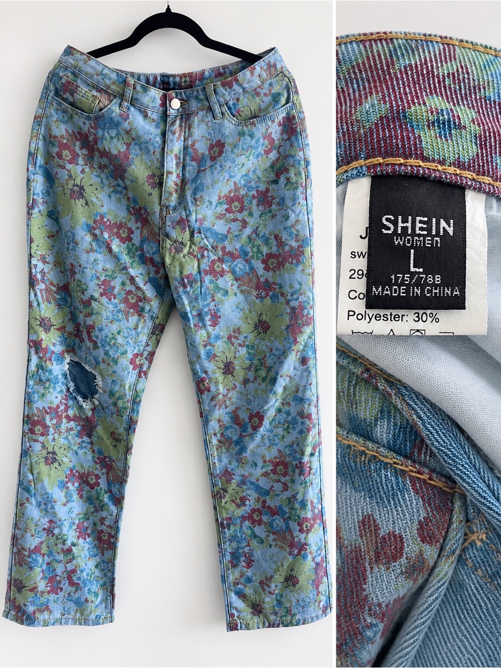 SHEIN Light Blue Floral Relaxed-Fit Jeans